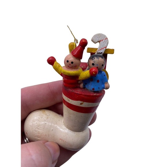 Vintage Wooden Christmas Stocking Ornament Misfit Toys Dolly Clown Whimsical 3" - Picture 2 of 10